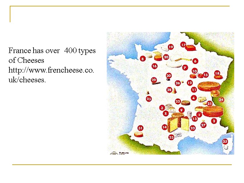 France has over  400 types of Cheeses http://www.frencheese.co.uk/cheeses.